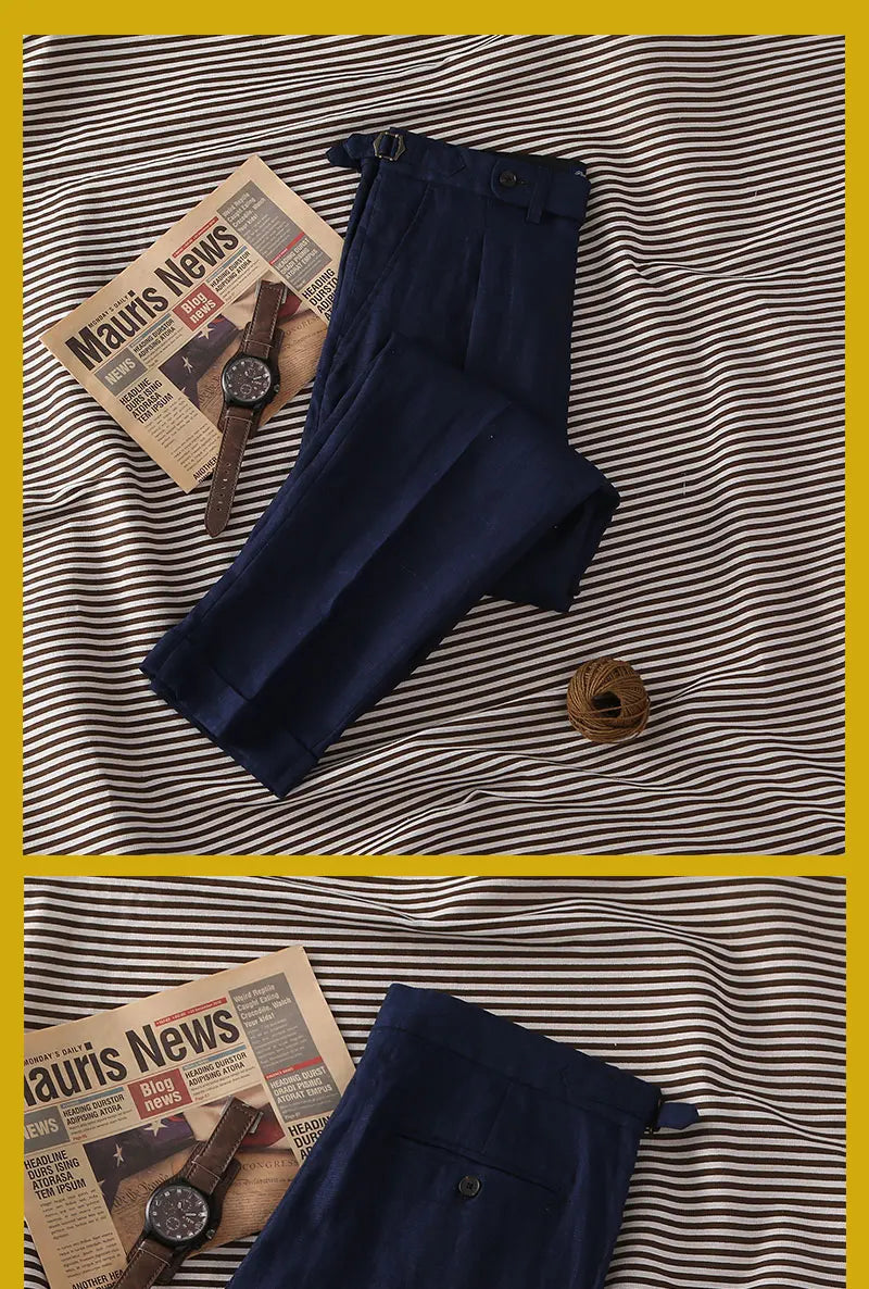 Navy pure linen Paris button micro-tapered slacks Italian casual single-pleat suit pants for men customized