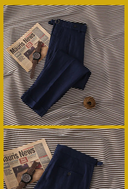 Navy pure linen Paris button micro-tapered slacks Italian casual single-pleat suit pants for men customized
