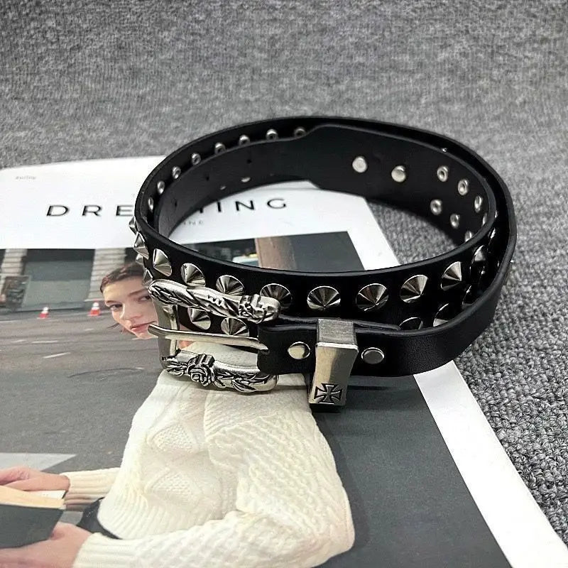 Punk New Gothic Y2K Women Men Belts Luxury Brand Goth Ladies Hip Hop Punk Rivet Skeleton Print Waist Belt Jeans Waistband