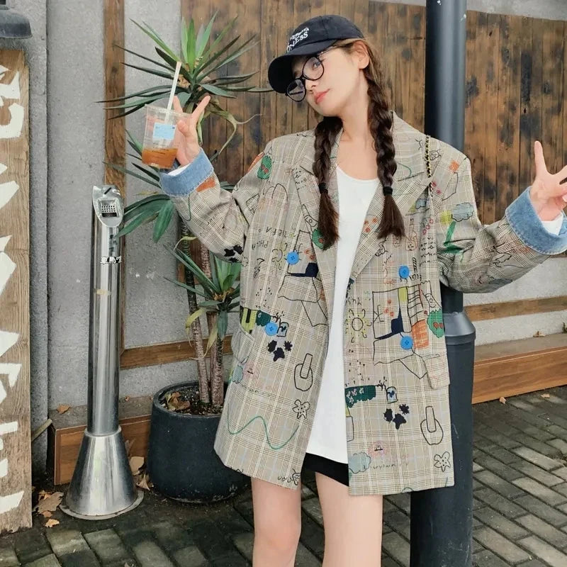 Women's Blazer Jacket 2025 Spring Autumn Fashion Graffiti Printed Ladies Lattice Suit Coat Casual Korean Version Lady Outerwear