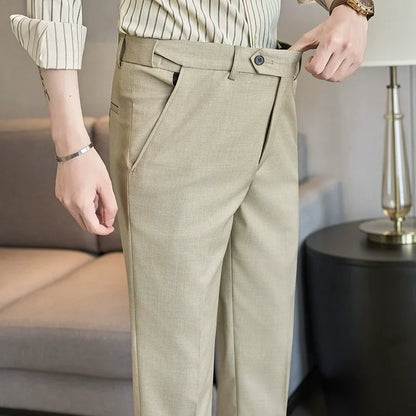 British Style Elastic Waist Men's Casual Slim Fit Trousers Summer High Quality Business Office Dress Wedding Party Suit Pants
