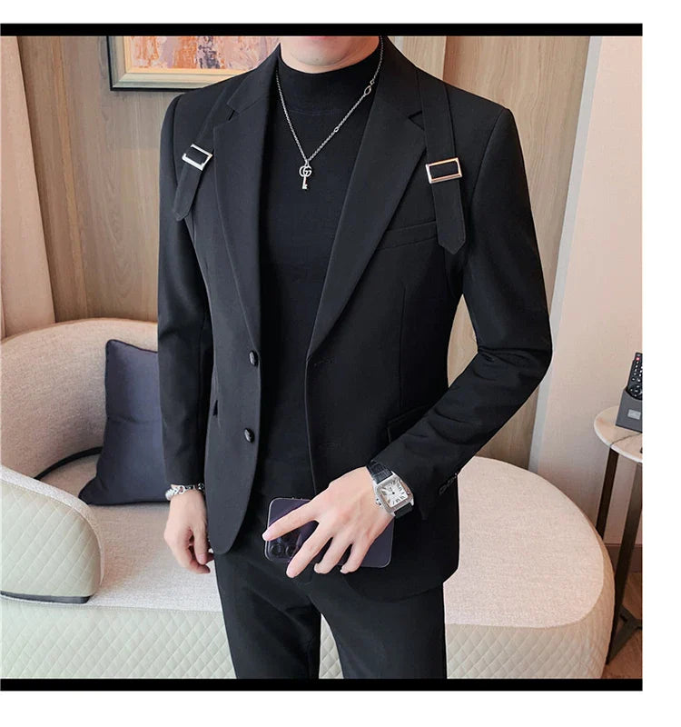 2024 Autumn Winter New Strap Decoration Suit Jacket for Men Fashion Slim Casual Business Blazers Groom Wedding Social Tailcoat
