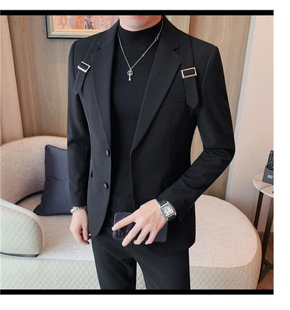 2024 Autumn Winter New Strap Decoration Suit Jacket for Men Fashion Slim Casual Business Blazers Groom Wedding Social Tailcoat