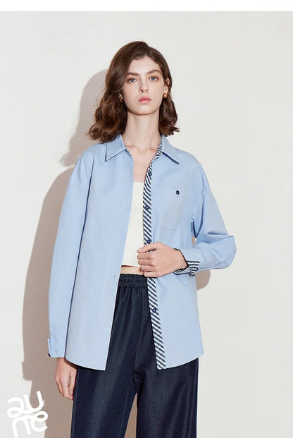 Women Striped shirt, spring 2025 new cavalry diagonal collar spliced pure cotton shirt