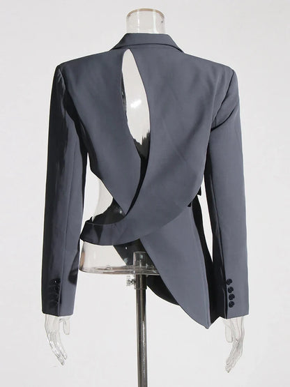 Solid Hollow Out Backless Slimming Blazers For Women Notched Collar Long Sleeve Spliced Button Blazer Female New