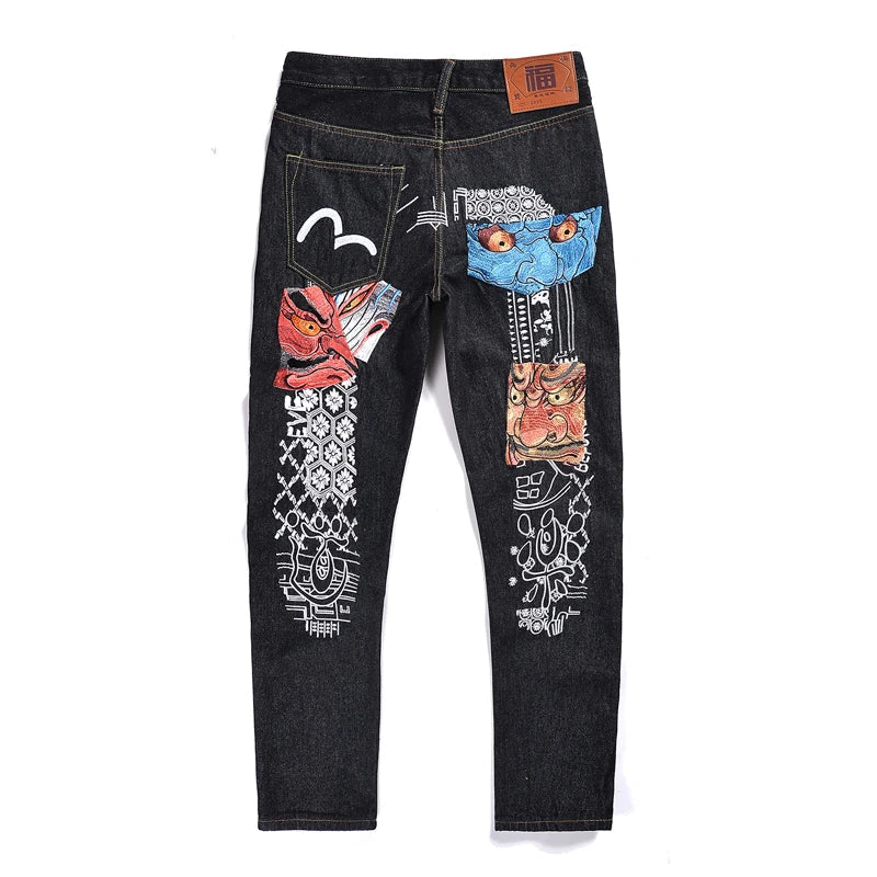 Japanese Handmade Embroidered Jeans Men's Pure Cotton Straight Tube Hip-Hop Popular Slim Red Ears Show Thin Trousers Devil Big M