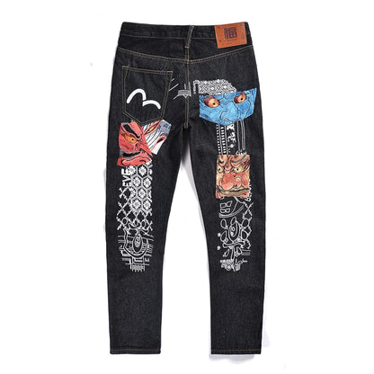 Japanese Handmade Embroidered Jeans Men's Pure Cotton Straight Tube Hip-Hop Popular Slim Red Ears Show Thin Trousers Devil Big M