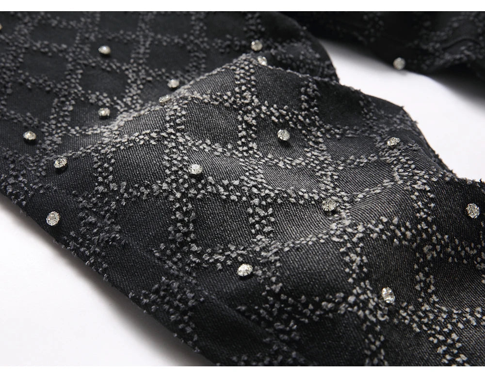 Men's Crystal Boot Cut Jeans Punk Black Stretch Denim Pants Rivet Slim Flared Trousers Fashionable Bootcut Trousers