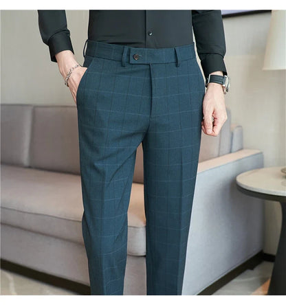 2026 Classic Men's Slim Fit Plaid Striped Casual Pants Fashion Business Slim Fit Suit Pants Formal Groom Wedding Dress Trousers