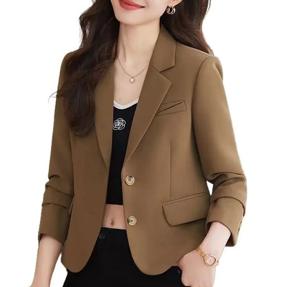 Caramel Short Suit Jacket Women's Casual High-Waisted 2025 New Spring Autumn Short Style Upper Body Fashion Polyester Fiber