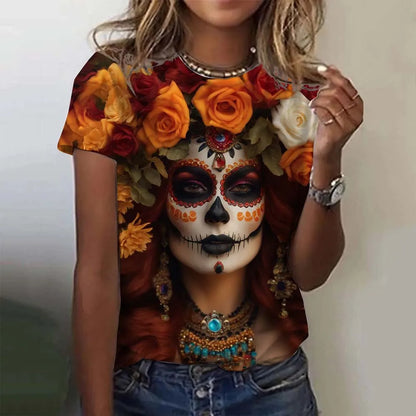Women's T-shirt for Girls Short Sleeve Casual Sexy Girls Clothes Summer Day of the Dead Undead Skull Pattern oversized T-shirts