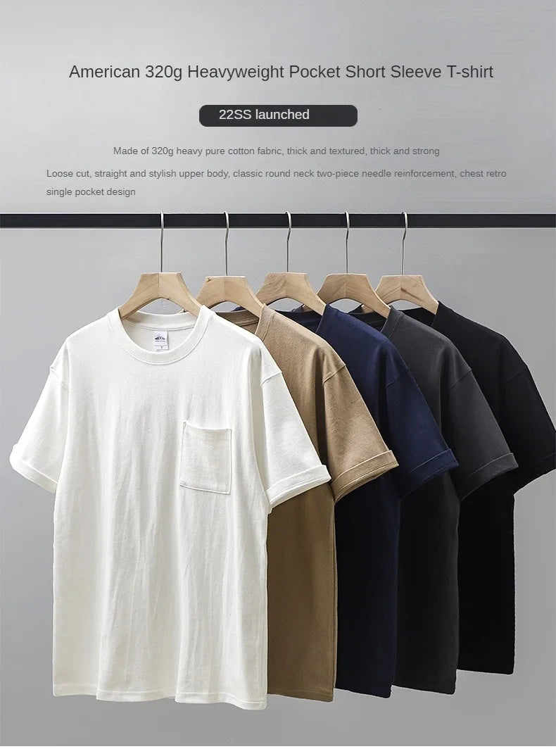 320gsm Heavy Short-Sleeved T-Shirt Men's Summer Vintage Half-Sleeve Pure Cotton Tees White Tops for Unisex