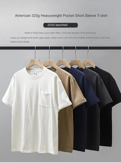 320gsm Heavy Short-Sleeved T-Shirt Men's Summer Vintage Half-Sleeve Pure Cotton Tees White Tops for Unisex