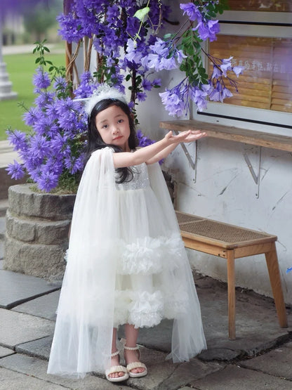 Sweet Baby Girls 2026 Summer New High-end Tulle Sequin Formal Princess Gown Kids Performance White Tulle Birthday Party Dress
