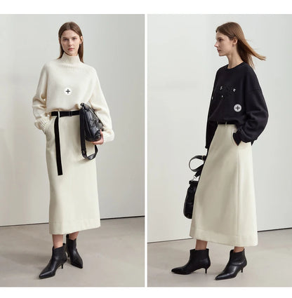 Minimalism Women's Elegant Commuter Skirts with Velvet Belt 2024 Winter Twill Fabric Warm Slit Straight Midi Skirt 12444183