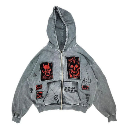 European and American street Y2K devil print fashion trend Harajuku heavyweight men's and women's loose hooded hoodie Y2K EMO