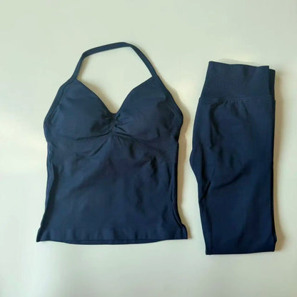 Set of 2 pieces of women's yoga mesh, sleeveless tops with open back, high-waisted gym suit, fitness clothing, yoga set