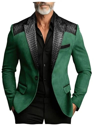 Men's Faux Suede Jacket with PU Leather Collar & Shoulder Two-Tone Blazer Contrast Trim Coat