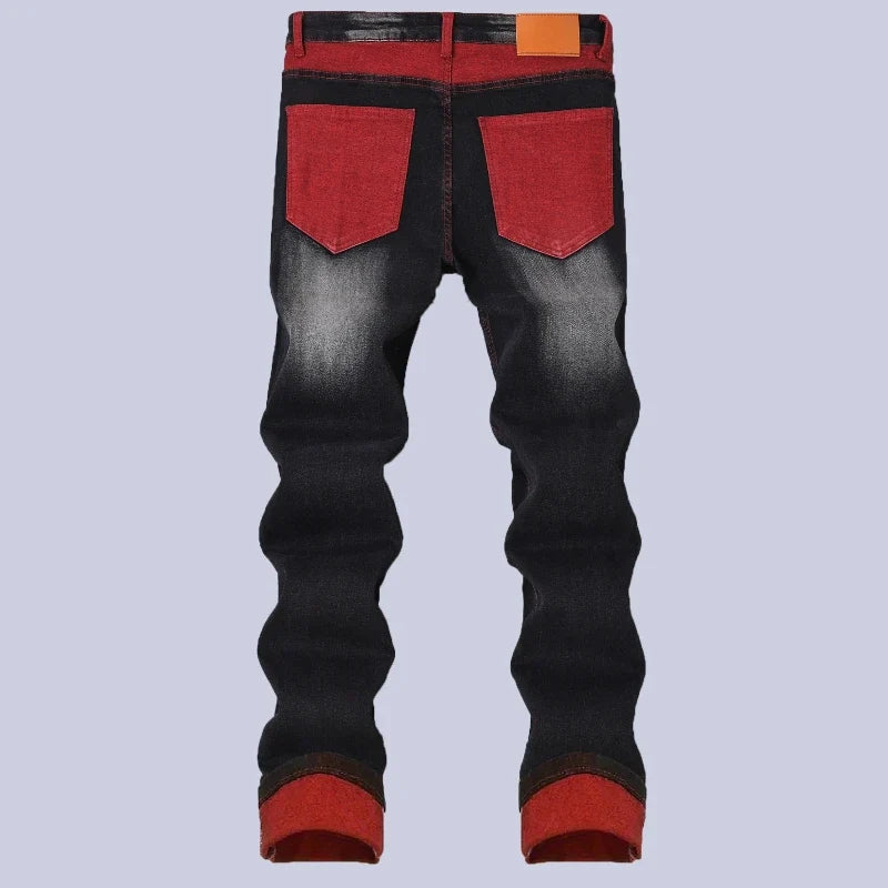 Men's Elastic Patch Style Jeans Black Red Design Slimming Men's Clothing Cozy Denim Pants Personalized Hip Hop Trend Trousers