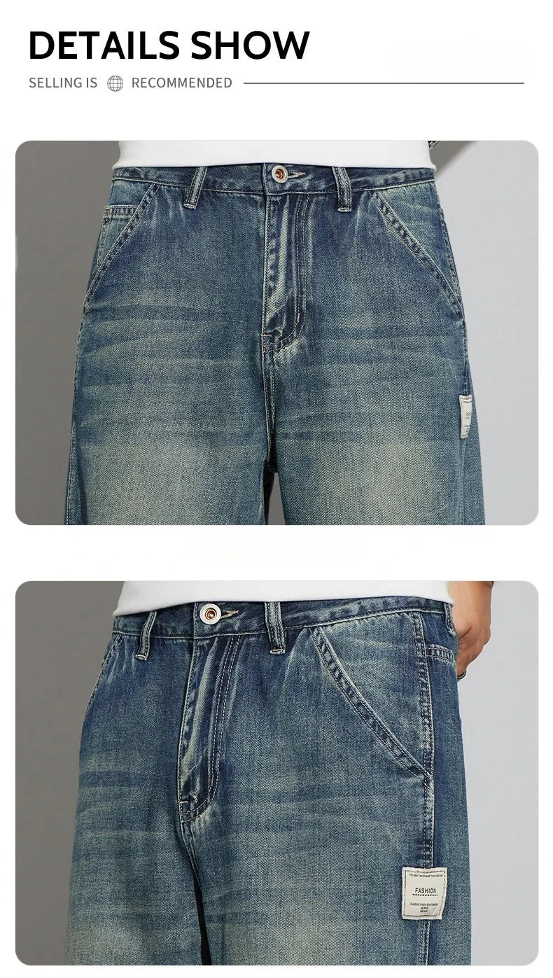 Summer Vintage Denim Shorts Men's Fashion Straight Casual Loose Streetwear Bermuda Jeans Male Short Pants Streetwear