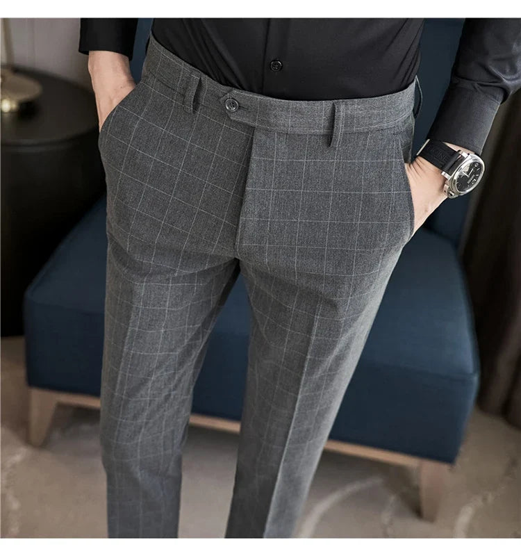 2026 High Quality Men's Plaid Striped Suit Pants Fashion Business Slim Fit Casual Straight Pants Formal Wedding Party Trousers