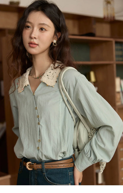 Women's Linen Shirt 2025 Autumn Contrast Apricot Lapel Shirts Long Sleeve Curved Placket Tops Office Lady MXE43C2387