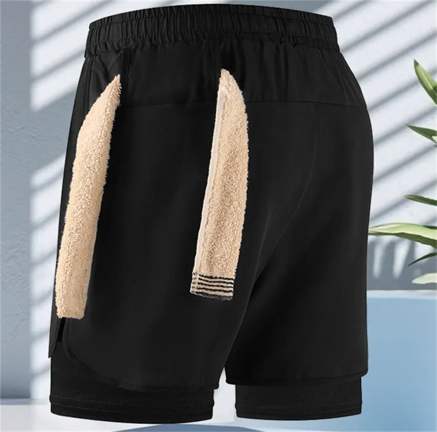 Men Fitness Built-in pocket sports Shorts Summer 2 In 1 Quick Dry Gym Beach shorts Running Double-deck Shorts Outdoor sweatpants