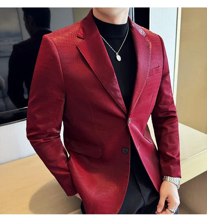 New High Quality Crocodile Stripe Slim Fit Leather Jacket Classic Business Casual Slim Fit Men Blazer Tuxedos Men Clothing 4XL-M