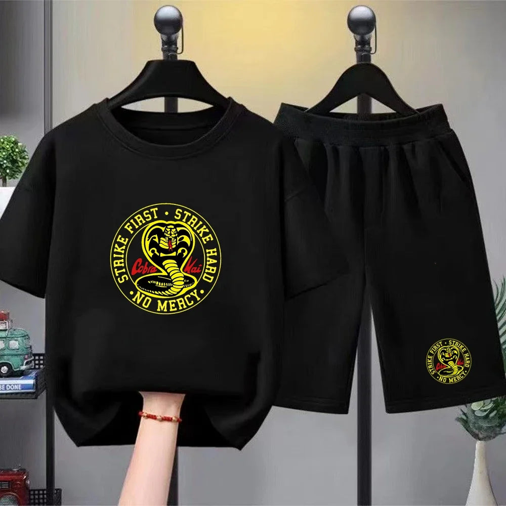 Summer T-Shirt + Shorts Anime Snake Print Boy Black Girl Sets T-Shirt Kids Tops Casual Tees Round Neck Short-Sleeved Top