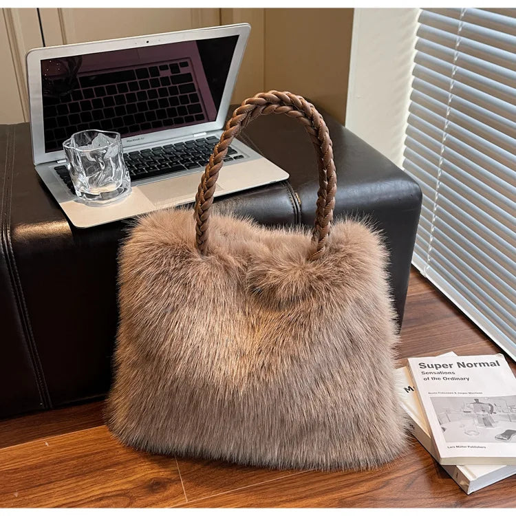 Fashion Women Furry Shoulder Bag Large Capacity Tote Handle Bag for Autumn Winter Outing Commuter Texture Versatile Storage Bags
