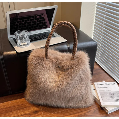Fashion Women Furry Shoulder Bag Large Capacity Tote Handle Bag for Autumn Winter Outing Commuter Texture Versatile Storage Bags