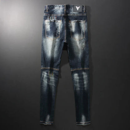 Streetwear Fashion Men Jeans Retro Black Blue Elastic Slim Fit Ripped Jeans Men Spliced Designer Embroidery Hip Hop Denim Pants