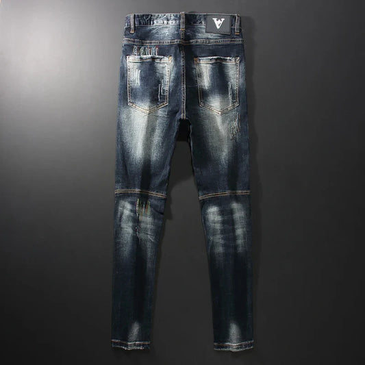 Streetwear Fashion Men Jeans Retro Black Blue Elastic Slim Fit Ripped Jeans Men Spliced Designer Embroidery Hip Hop Denim Pants