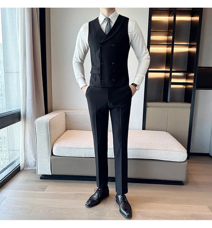 ( Vest + Pants) Men's Double-breasted Suit Vest 2 Pieces Set High Quality Business Casual Fashion Groom Wedding Dress Vest Sets