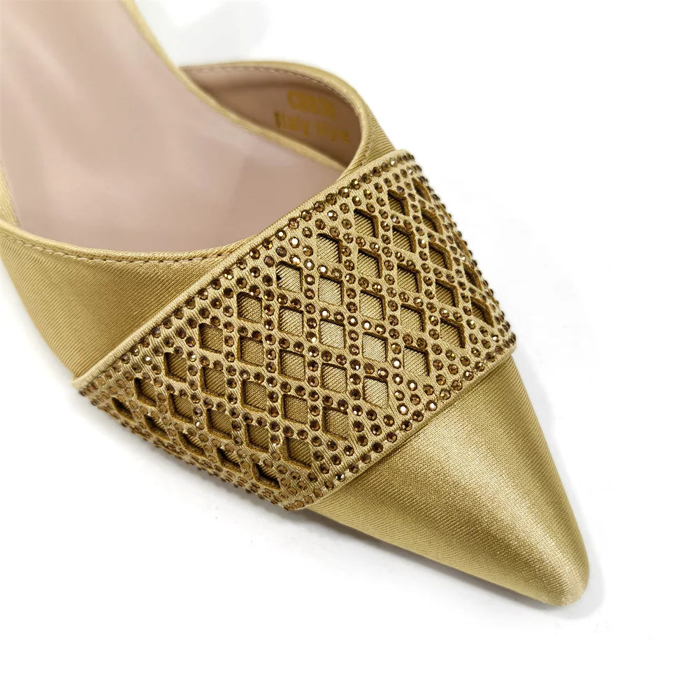 2025 New Summer Collection Stylish Italian Women’s Shoes and Bag Set in Gold Colour - Comfortable Mid Heels With Rhinestones