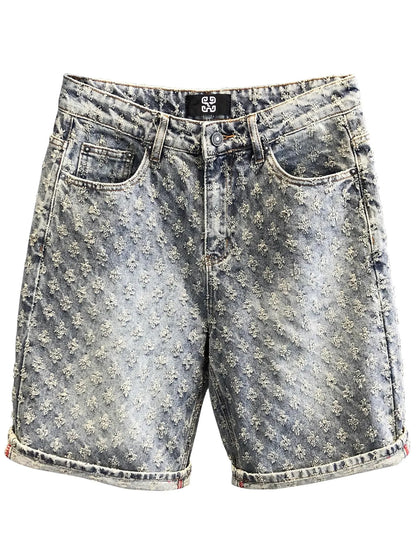 American Y2K Light Luxury Quality Retro Denim Shorts Summer Hip Hop INS Men Loose Shave Jacquard Couple Denim Five Point Pants