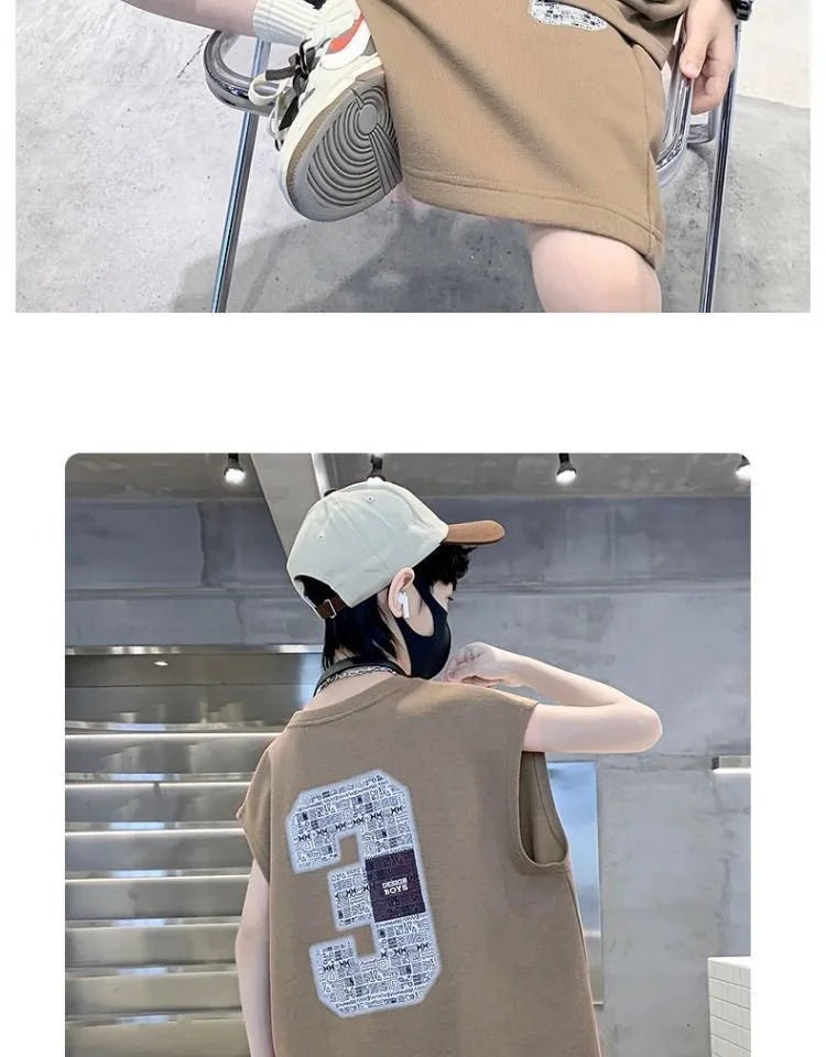Summer Boys Loose Sleeveless Printed T-Shirt Tops+Shorts Pant School Kids 2PCS Tracksuit Child Outfit Student Workout Set 5-16Yr