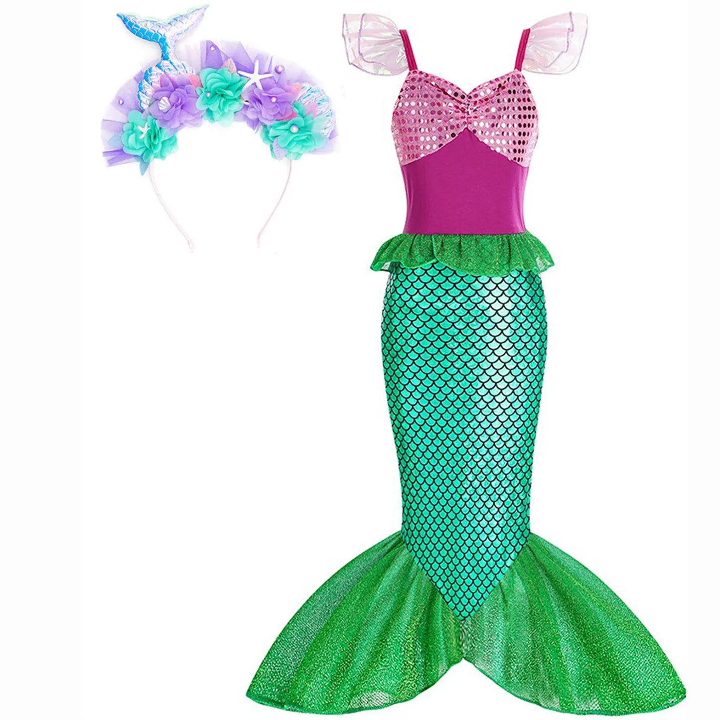 Halloween Little Mermaid Ariel Princess Costume Summer Purple Dress Girls Cosplay Mermaid Carnival Birthday Party Swimsuit Set