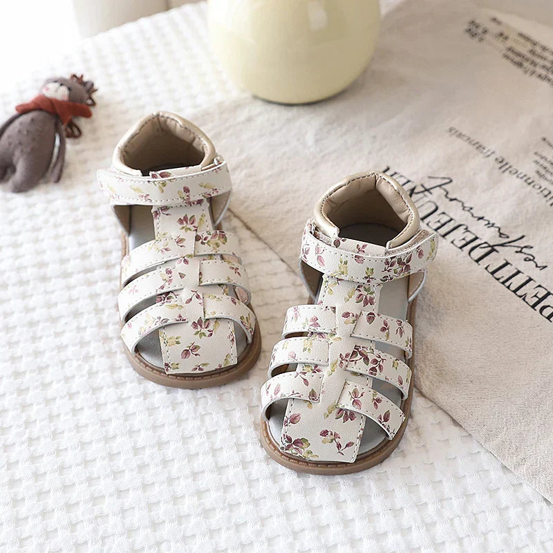 Summer Toddler Girls Floral Closed Toe Sandals Anti-collision Kids Sandal Lovely Hook-loop Sweet Children Beach Shoes 21-30