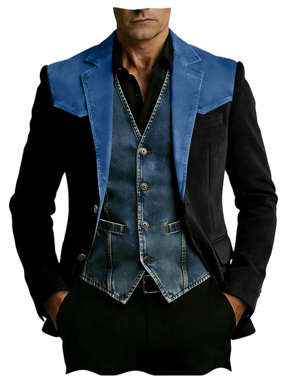 Men's Vintage Suede Blazer Notch Lapel 2 Button Denim Shoulder Collar Patch Jacket Business Casual Daily Wear Coat for Gentlemen