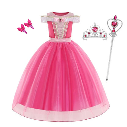 Sleeping Beauty Aurora Princess Dress Cosplay Off Shoulder Kids Gifts Fancy Halloween Party Girl Baby Lace Dress Set