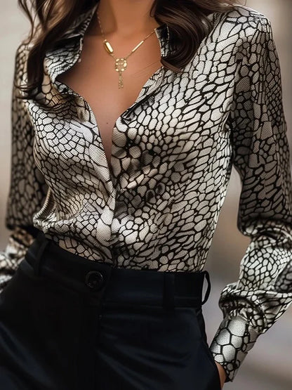 2025 New Long Sleeves Blouses Tops for Women Summer Fall Lapel Snakeskin Print Shirts and Blouses Business Casual Tops