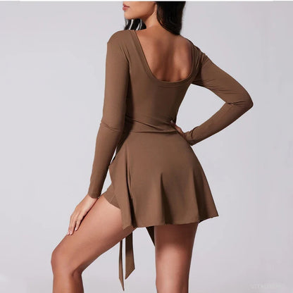 Womens High Neck Tennis Dress Long Sleeve Sarong Wrap Skirt Built in Shorts Golf Athletic Dress Workout Rompers