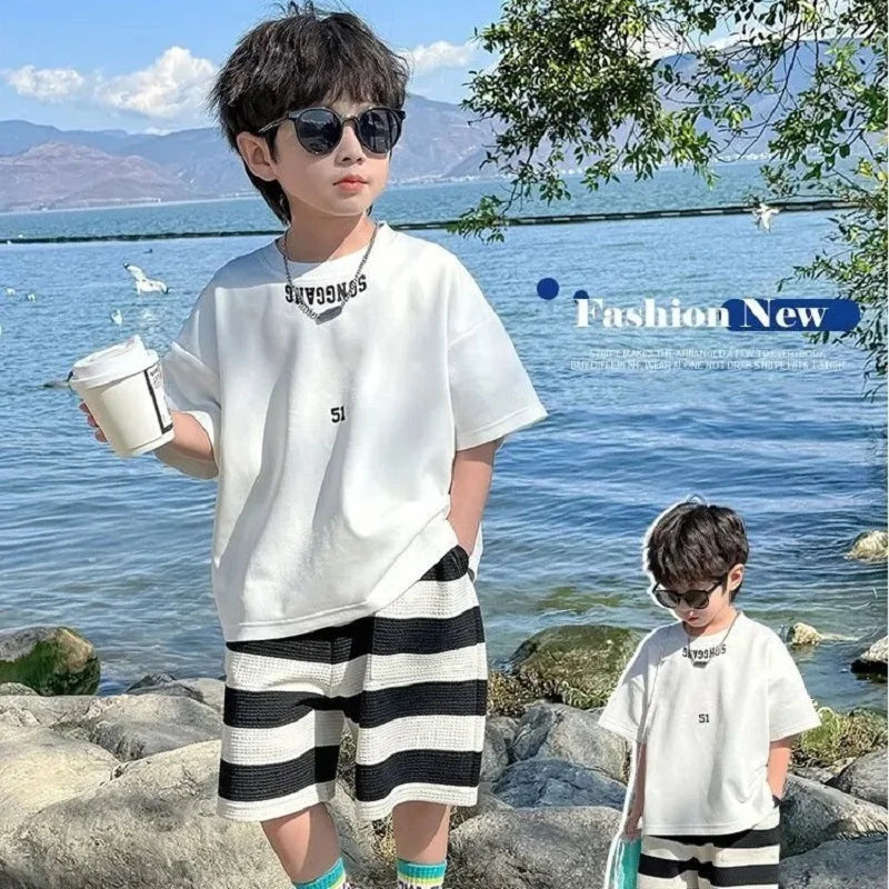 Summer Boys Cotton Leisure White T-Shirt Tops+Contrast Stripes Shorts Pant Set School Kids 2PCS Tracksuit Children Outfit 3-14Yr