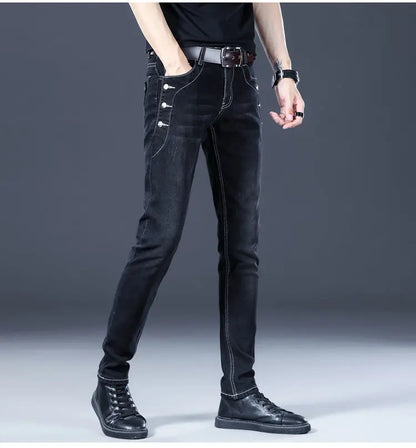 Stylish Black Luxury Men's Korean Streetwear Punk Fashion Comfortable Stretch Jeans Slim Fit Straight Leg Casual Denim Pants