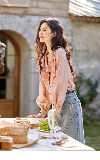 Lotus Leaf Collar Shirt Bubble Sleeves Pink Shirt for Women Spring 2025 Sweet Chiffon Top Temperament Shirts MXE12X1702