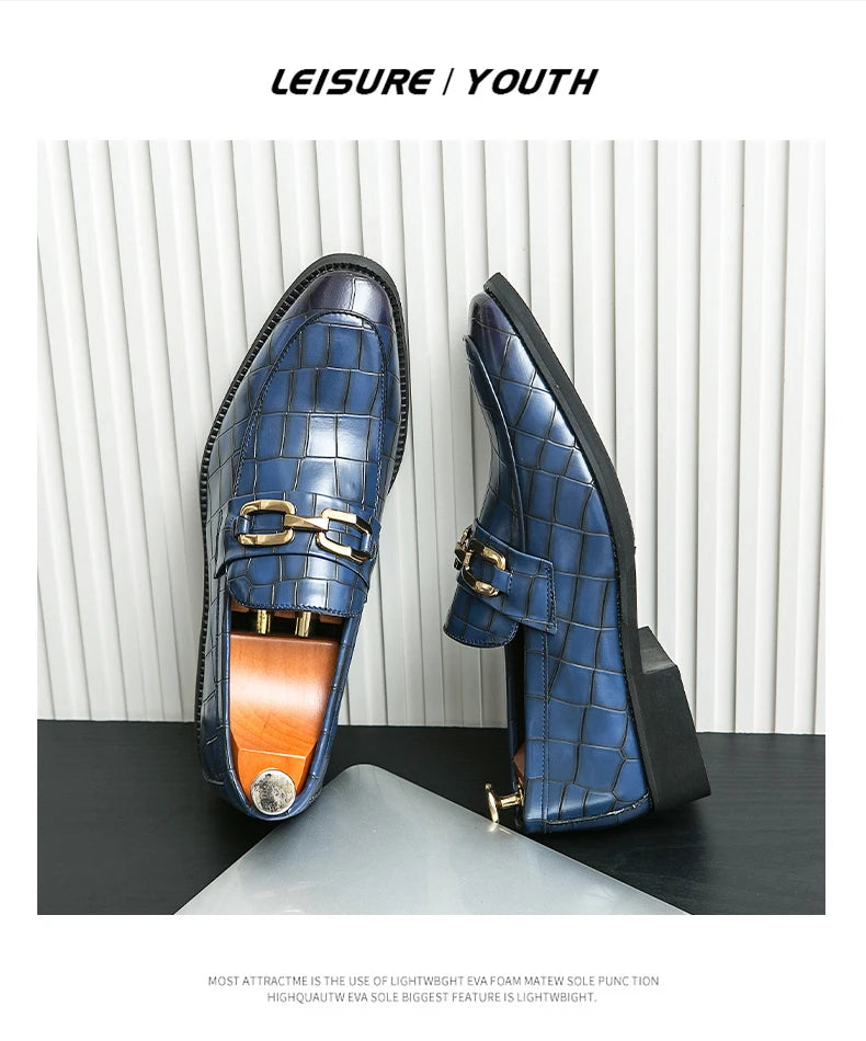46 plus-size Metal Pressed Floral Loafers 2024 new merchant leather shoes men's casual pressed plaid leather pointy