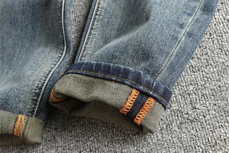 Retro blue wash-fried cat whisker jeans men's high-end custom fabric American fashion brand youth nine-point pants