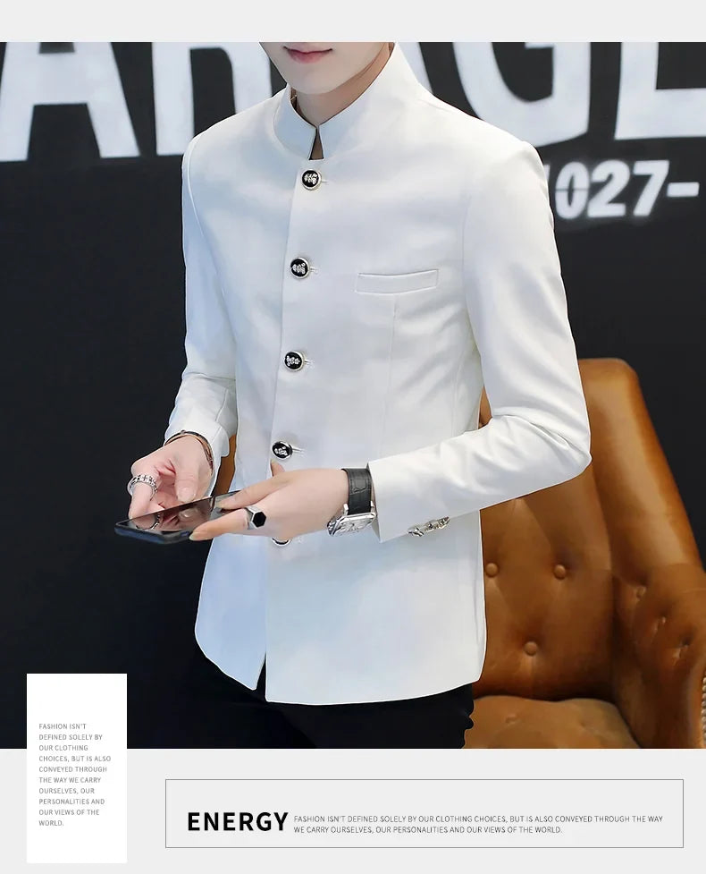 2024 Men's Slim Fit Long Sleeve Casual Suit Korean Trend Stand Collar Fashion Handsome Male Suit