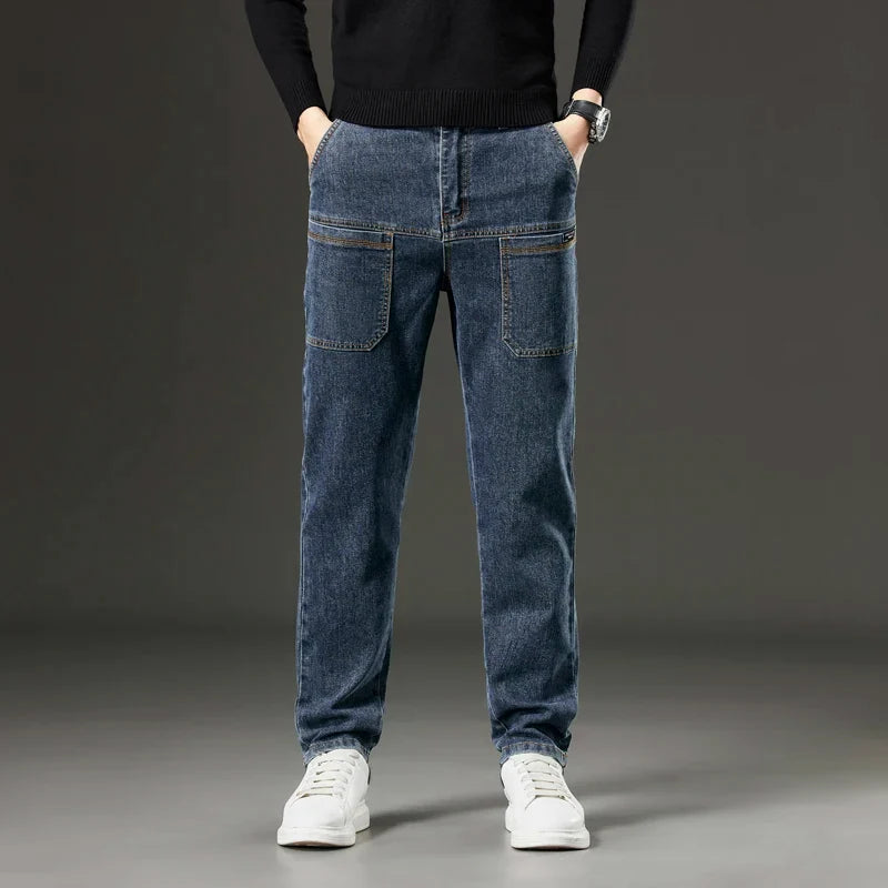6 Pocket Design Denim Jeans Men's 2025 New High Elasticity Denim Casual Trousers Straight Male Pants Fashion Mid-waist Jeans